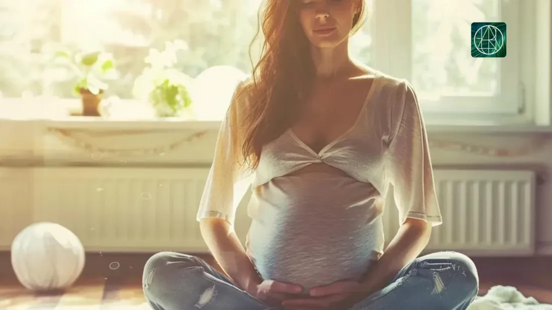 Image of a pregnant woman sitting cross legged on the floor with her eyes closed.