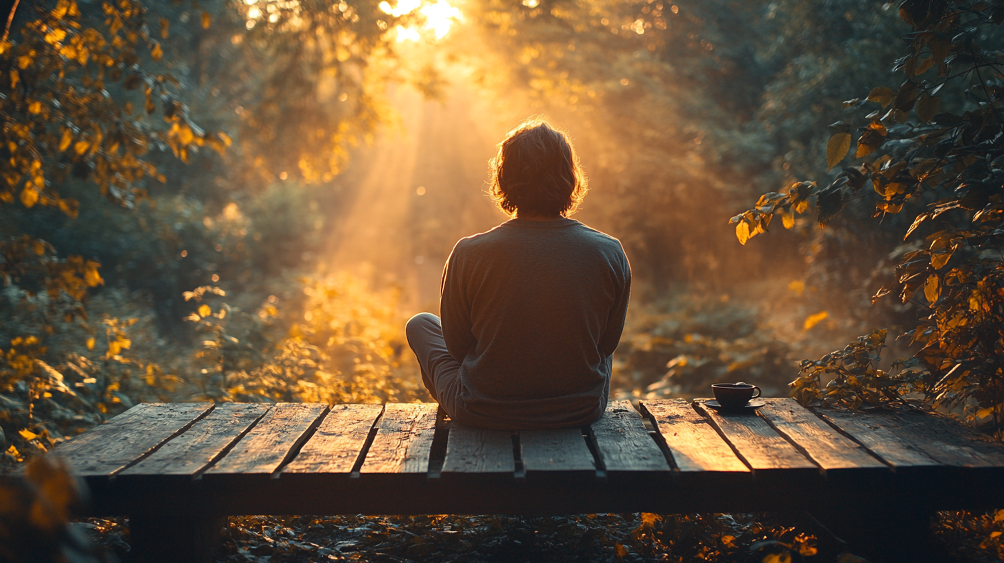 Man sitting on a bench looking at a sunrise