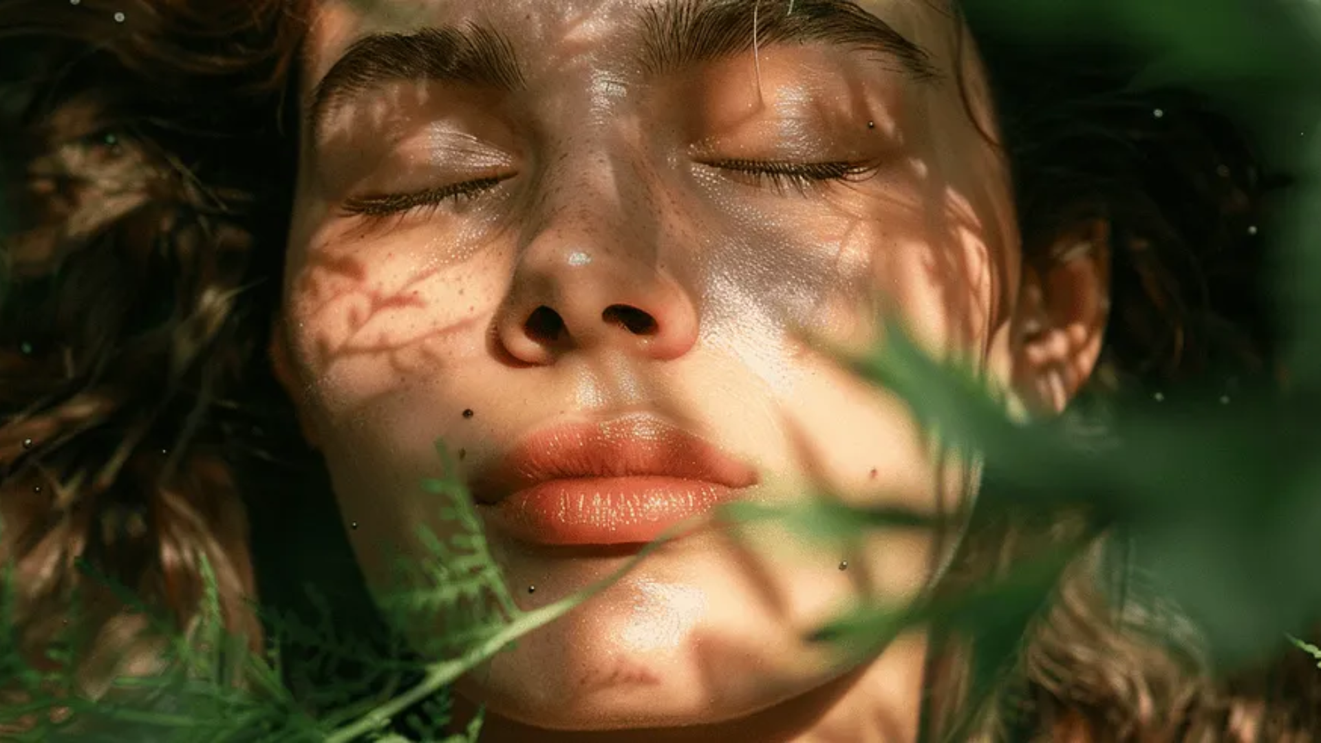 Close up image of a womens face with her eyes closed surrounded by sunlight and leaves