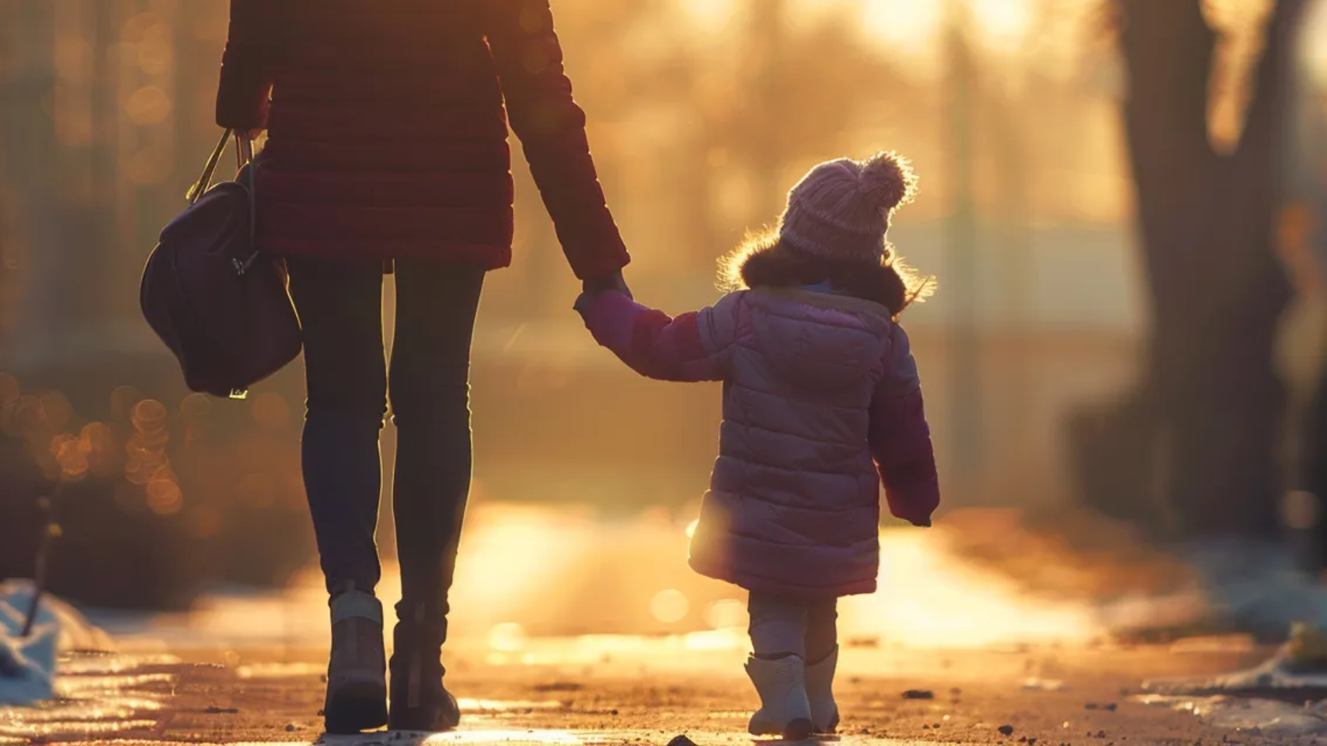 Image of a woman back holding a young girls hand walking away with their backs turned.