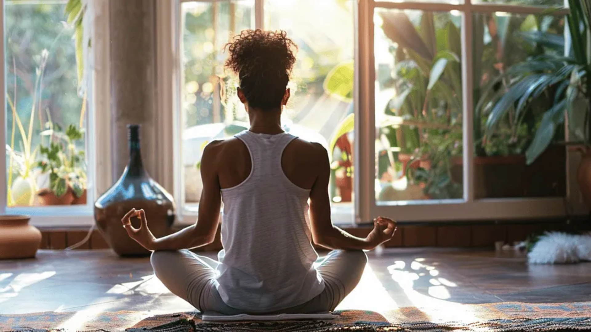 Image of a woman with her back turned in a yoga position looking off to a window.