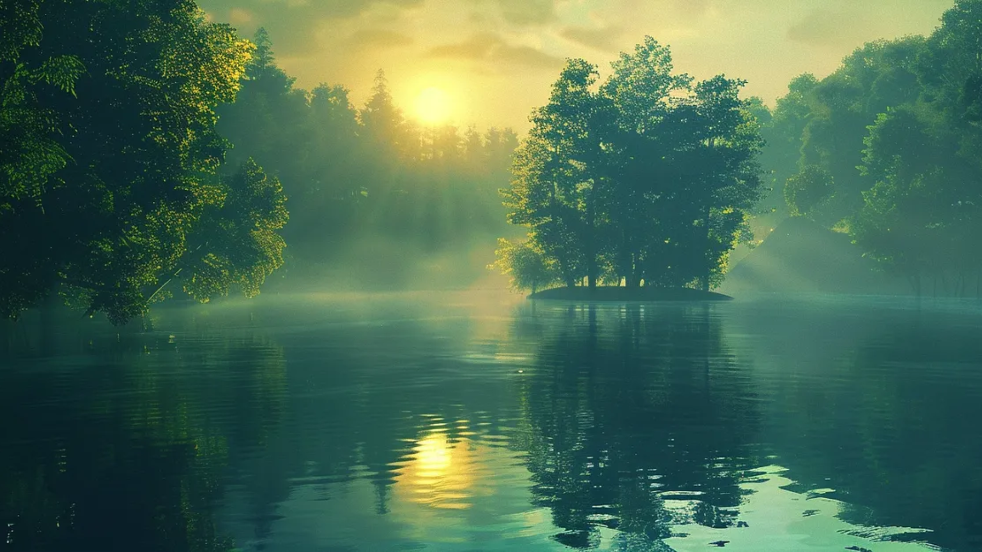 Image of a body of water with trees overlooking a sunrise.