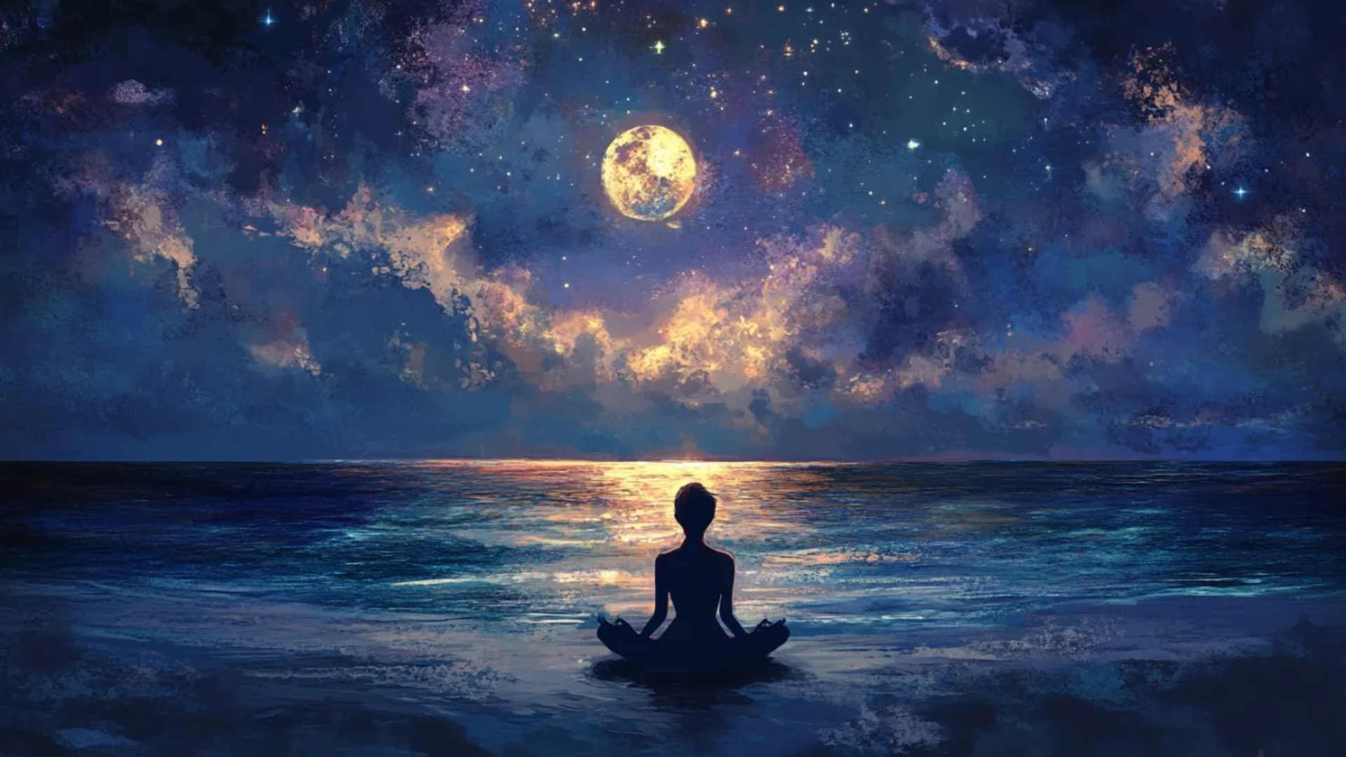 Image of a night sky with the moon centered. Towards the bottom is a silhouette of a woman sitting in a yoga position.