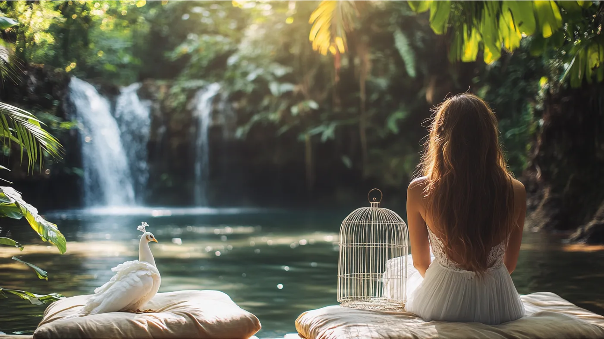Image of a woman sitting on a cushion with her back turned overlooking a body of water with a waterfall. Beside the woman sits a dove on a cushion.