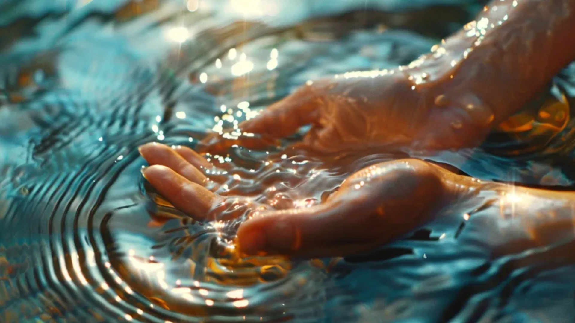 Image of two hands grabbing water from a body of water.