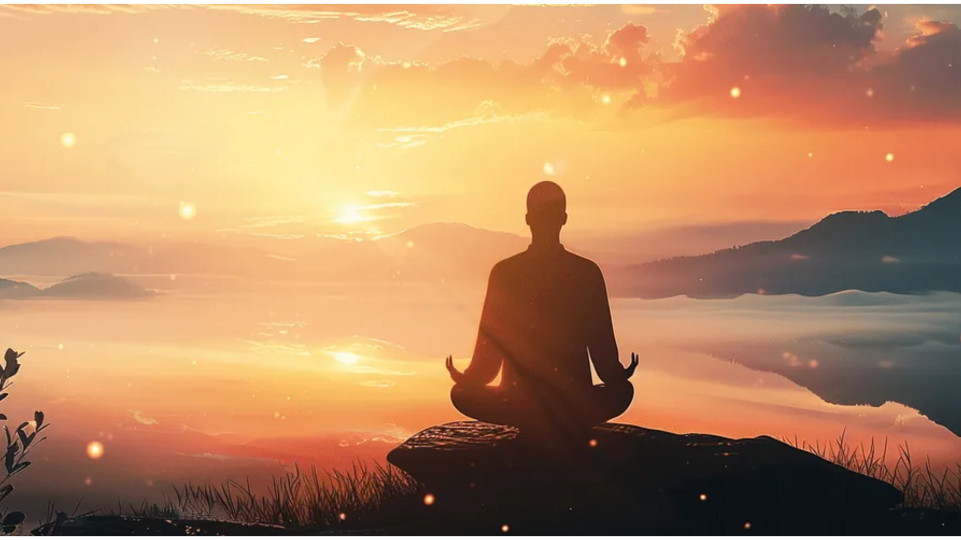 Image of a silhouette of a man sitting on a rock over seeing a sunrise.