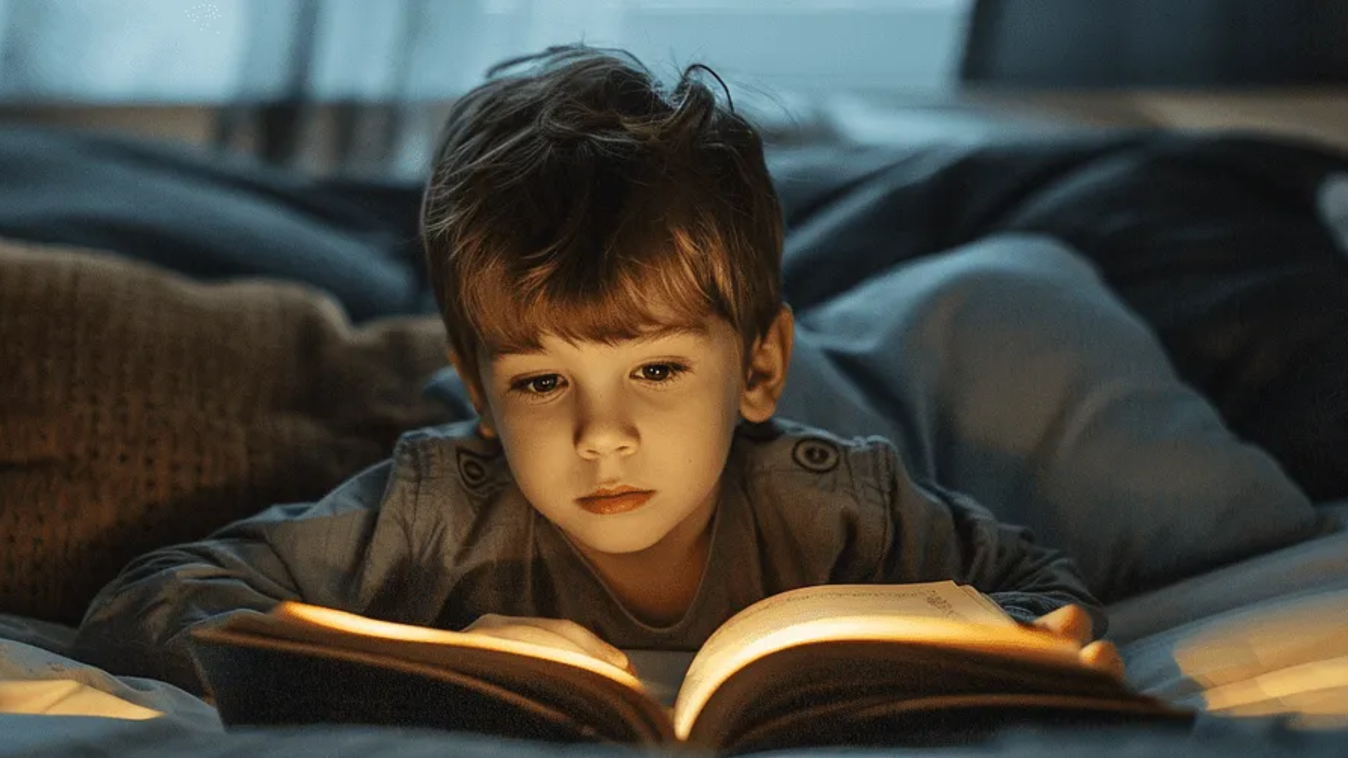 Image of a young boy reading a book while laying down in a bed
