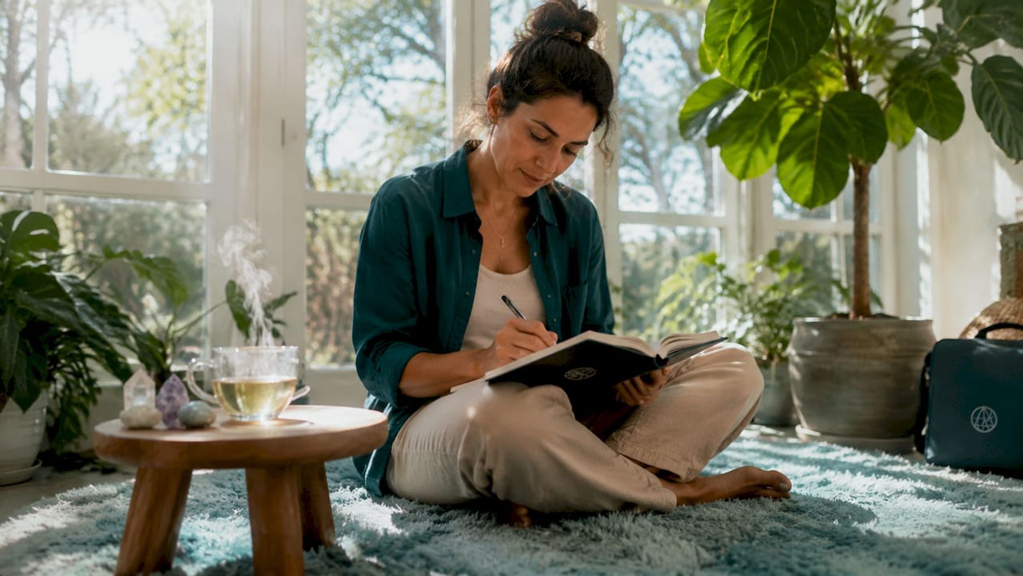 Woman journaling in cozy home meditation corner