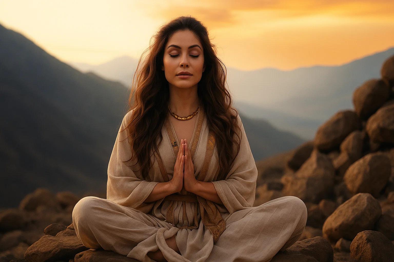 Woman sitting on a mountain in a yoga position with her hands together and eyes closed.