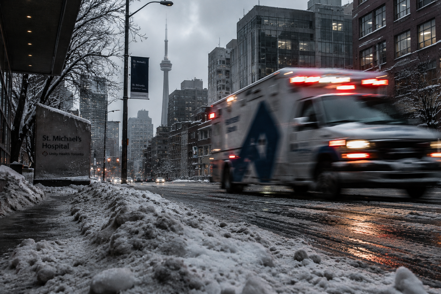 Winter street near St. Michael’s Hospital in Toronto with an ambulance in motion, representing the day Alex’s medical emergency began.