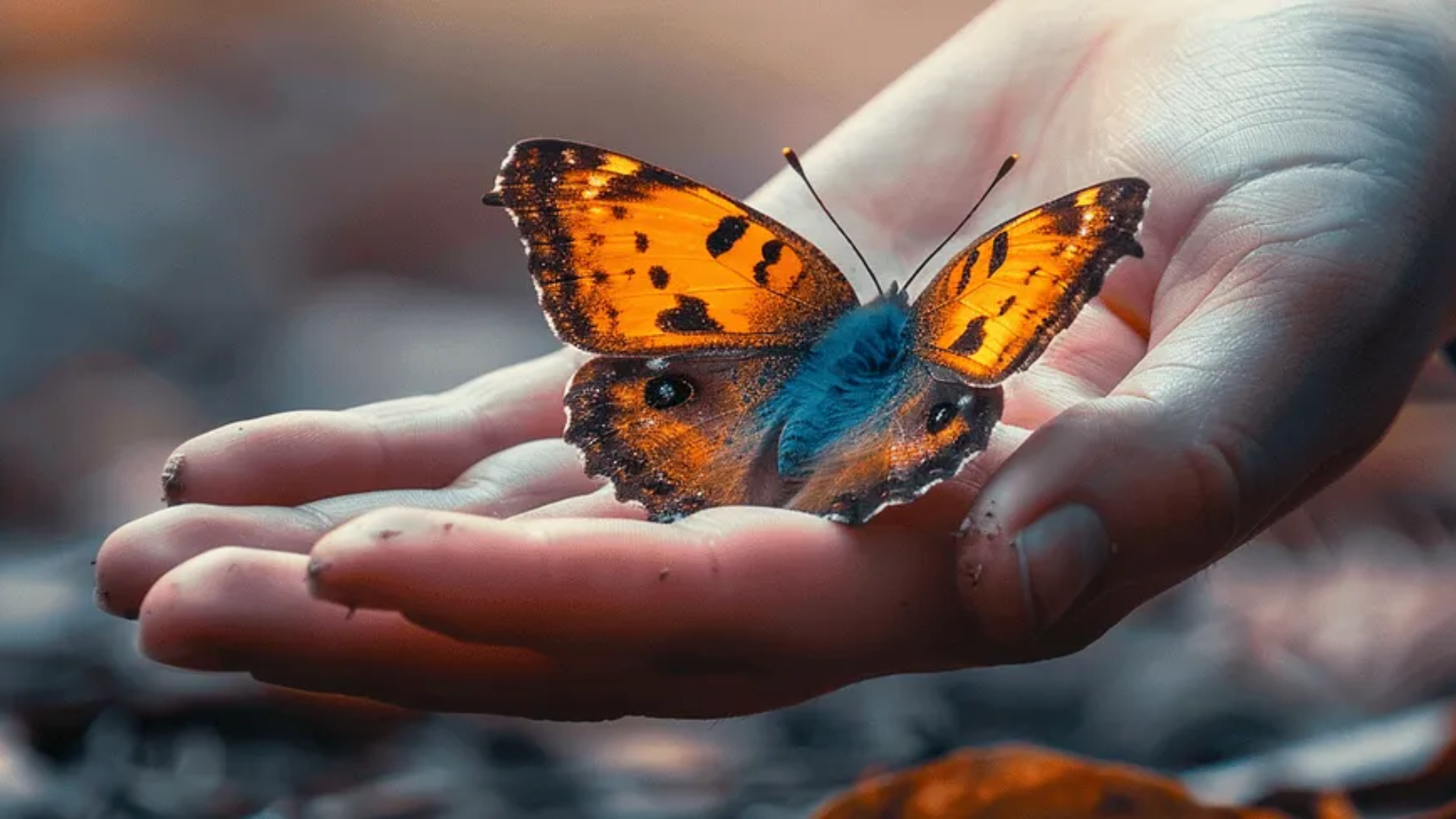Image of a hand holding a orange and black butterfly