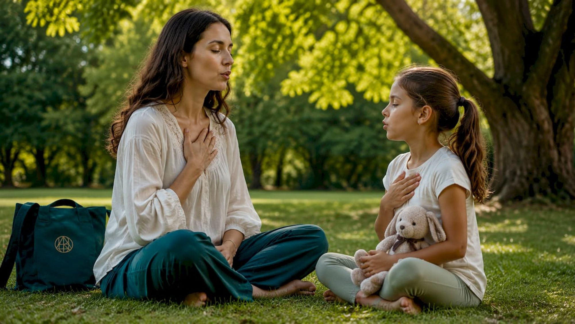 Mother guiding daughter in relaxation exercise