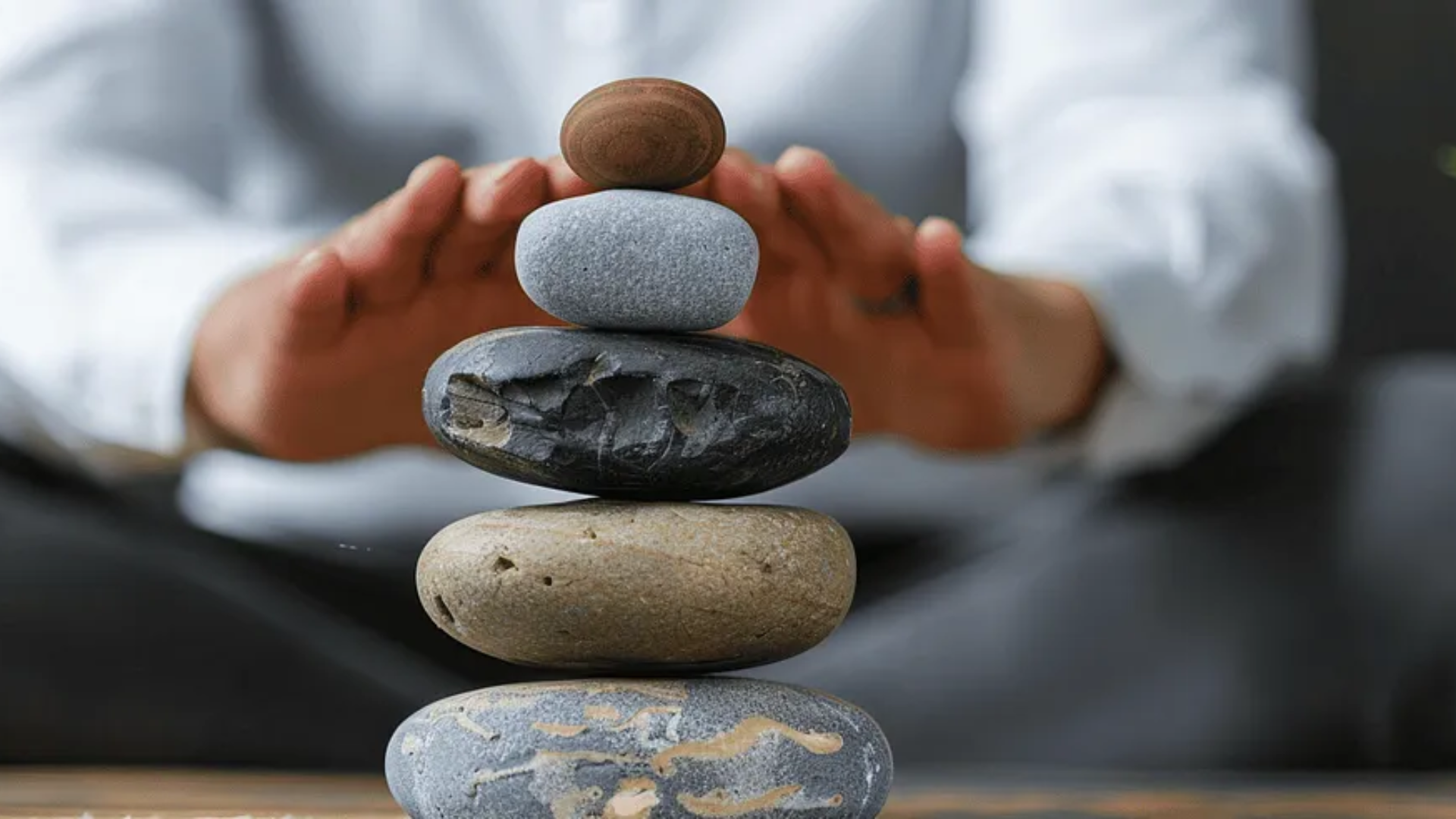 Image of hands behind a stack of rocks