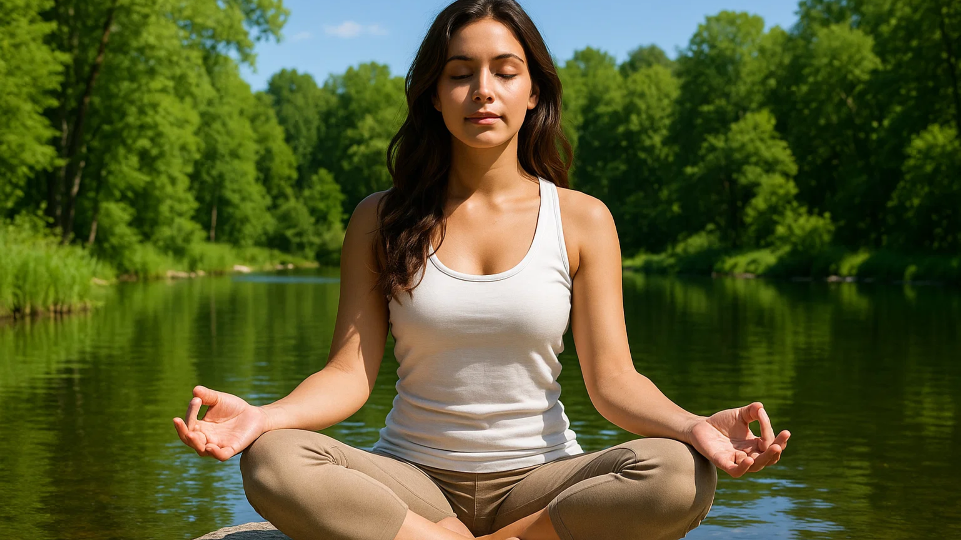 Woman sitting at a lake in a meditation position