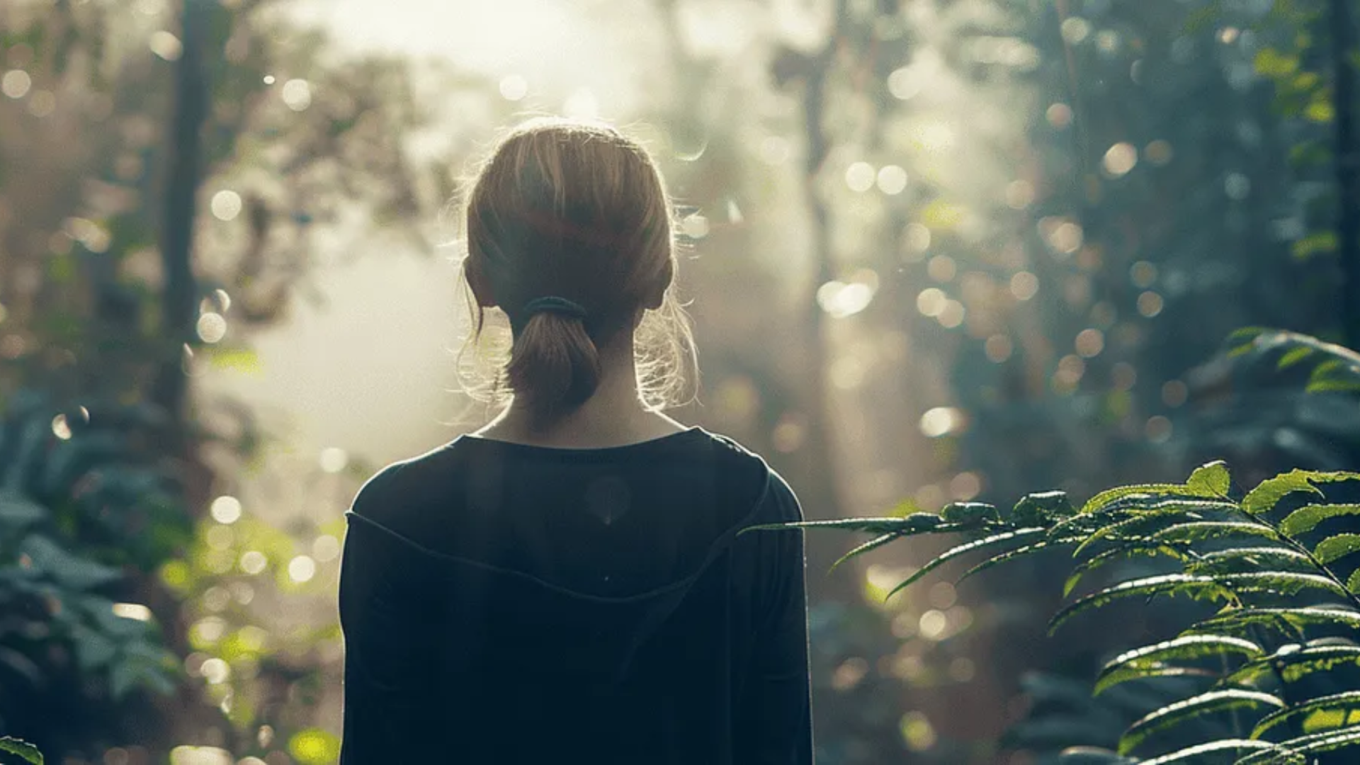 Image of a woman with her back turned looking towards a forest.