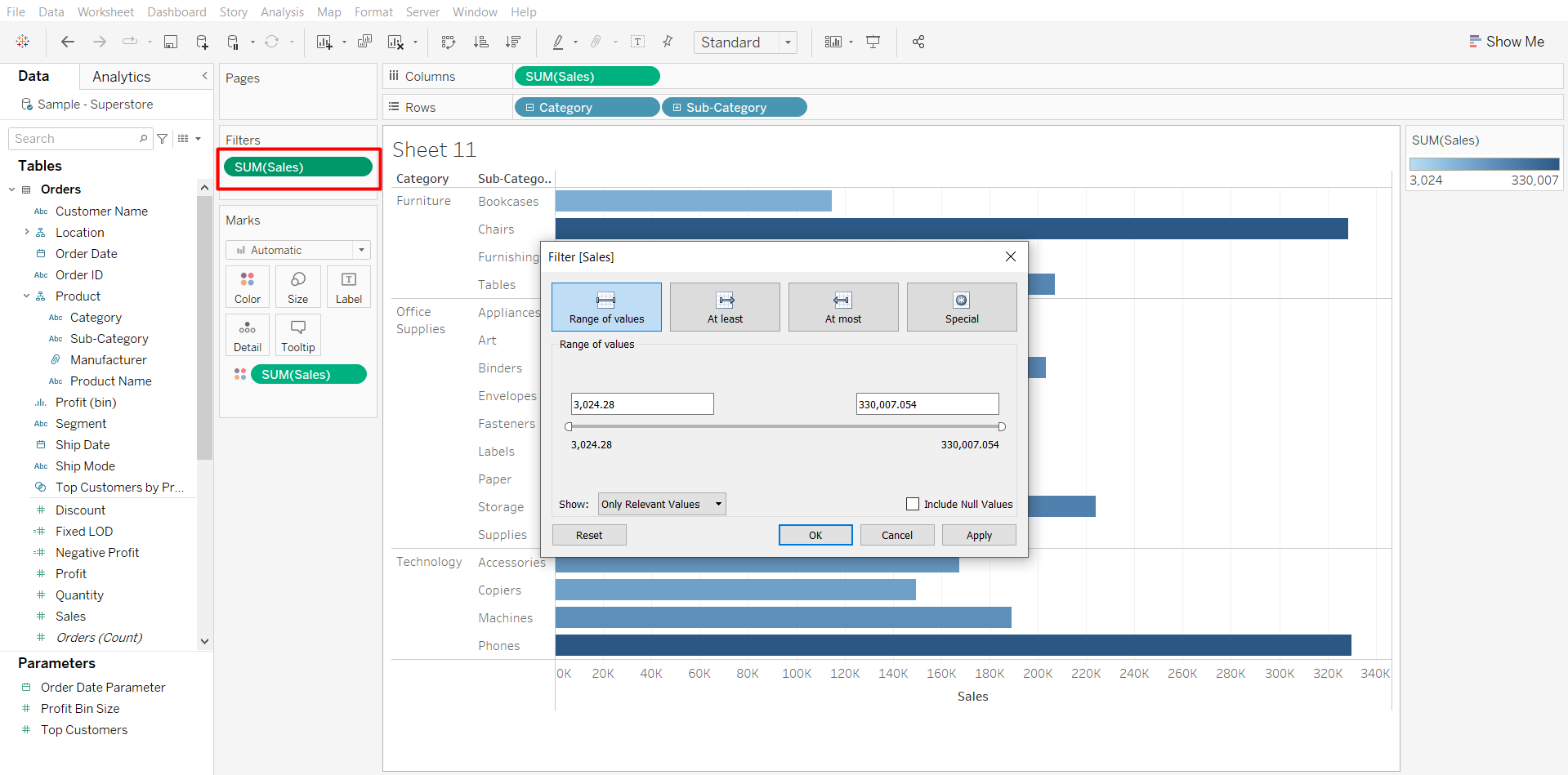 Here in the image we added the Sum of Sales to filter shelf to create a measure filter