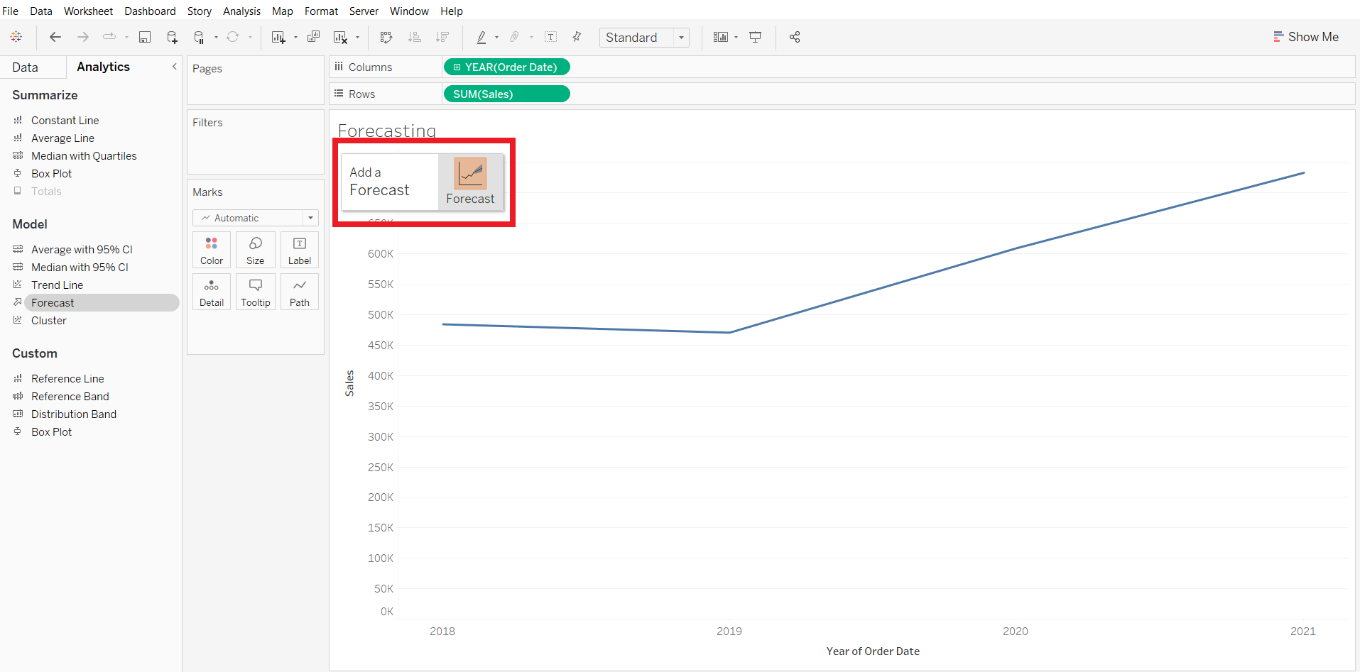 Here in the image , the forecast is dragged to the worksheet from the Analytics pane .