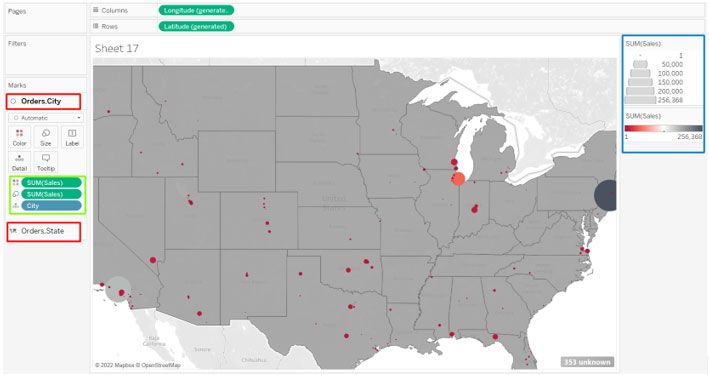 In this image , using map chart we are showing the Sum(Sales) of each city denoted by different colors