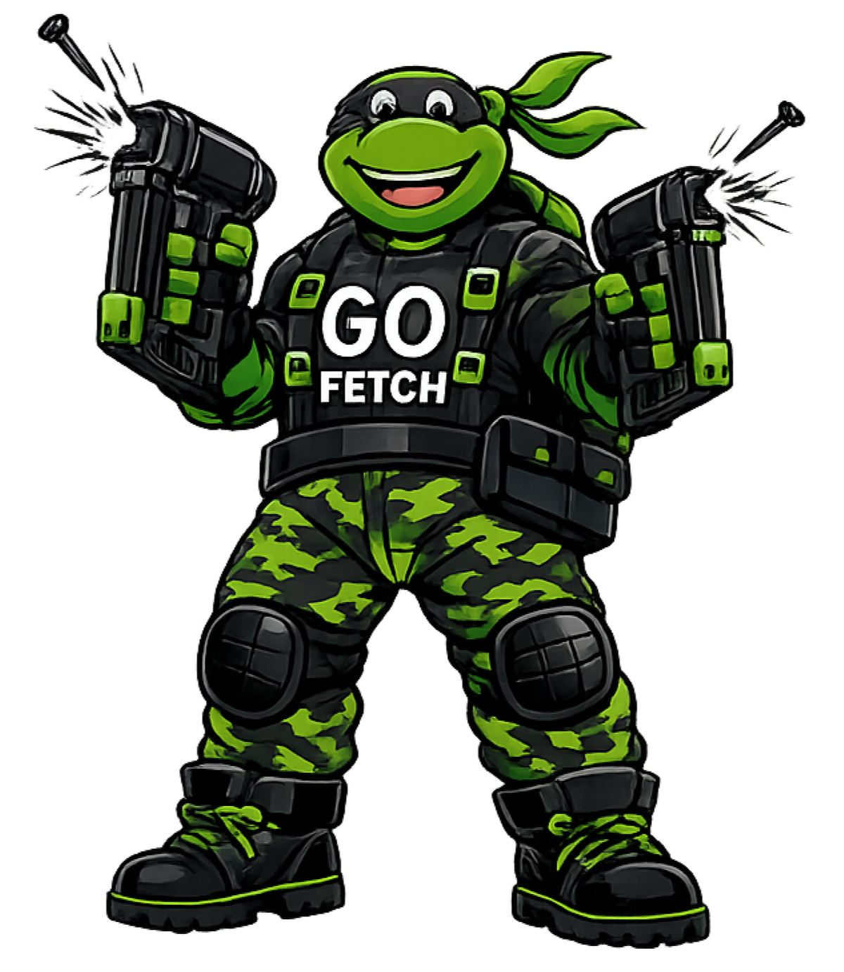 A cartoon turtle in green and black tactical gear with "GO FETCH" on its vest, holding and firing two nail guns.