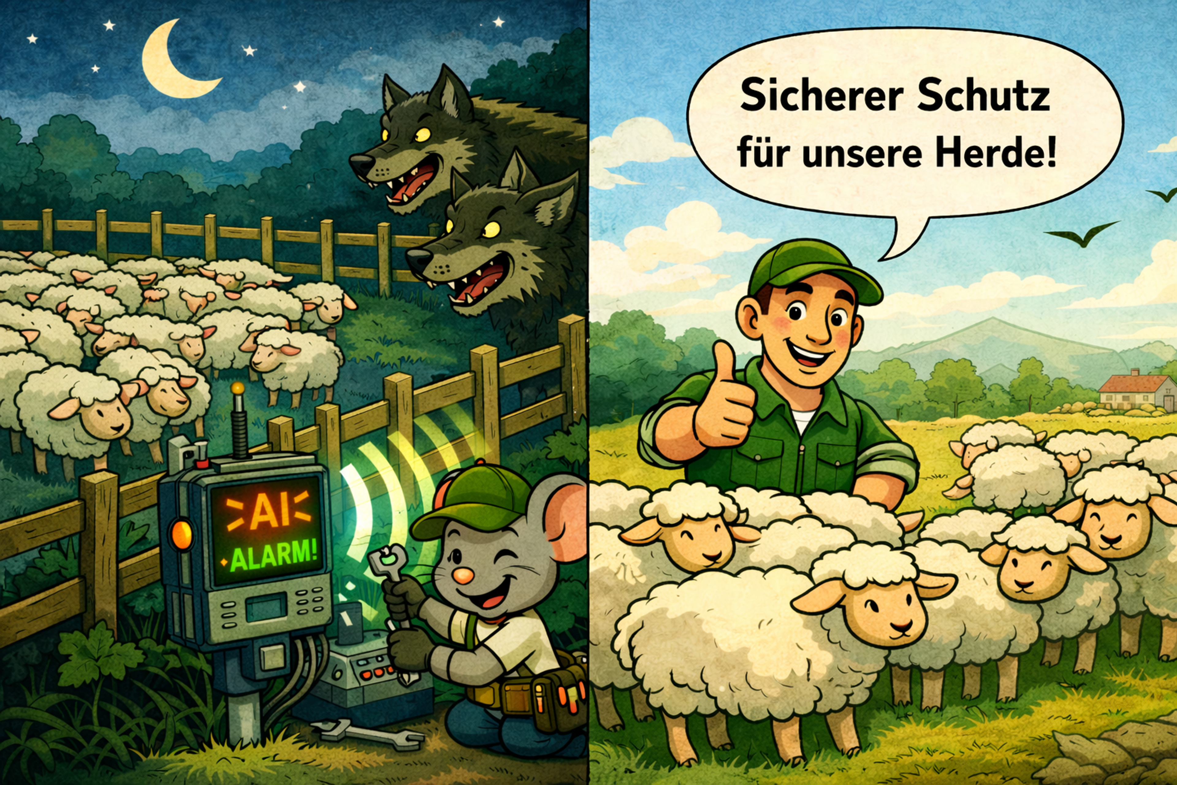 Two-panel cartoon. Left: At night, a mouse works on an AI alarm system as wolves menace sheep in a pen. Right: During the day, a farmer gives a thumbs-up among his safe sheep, saying "Sicherer Schutz für unsere Herde!"