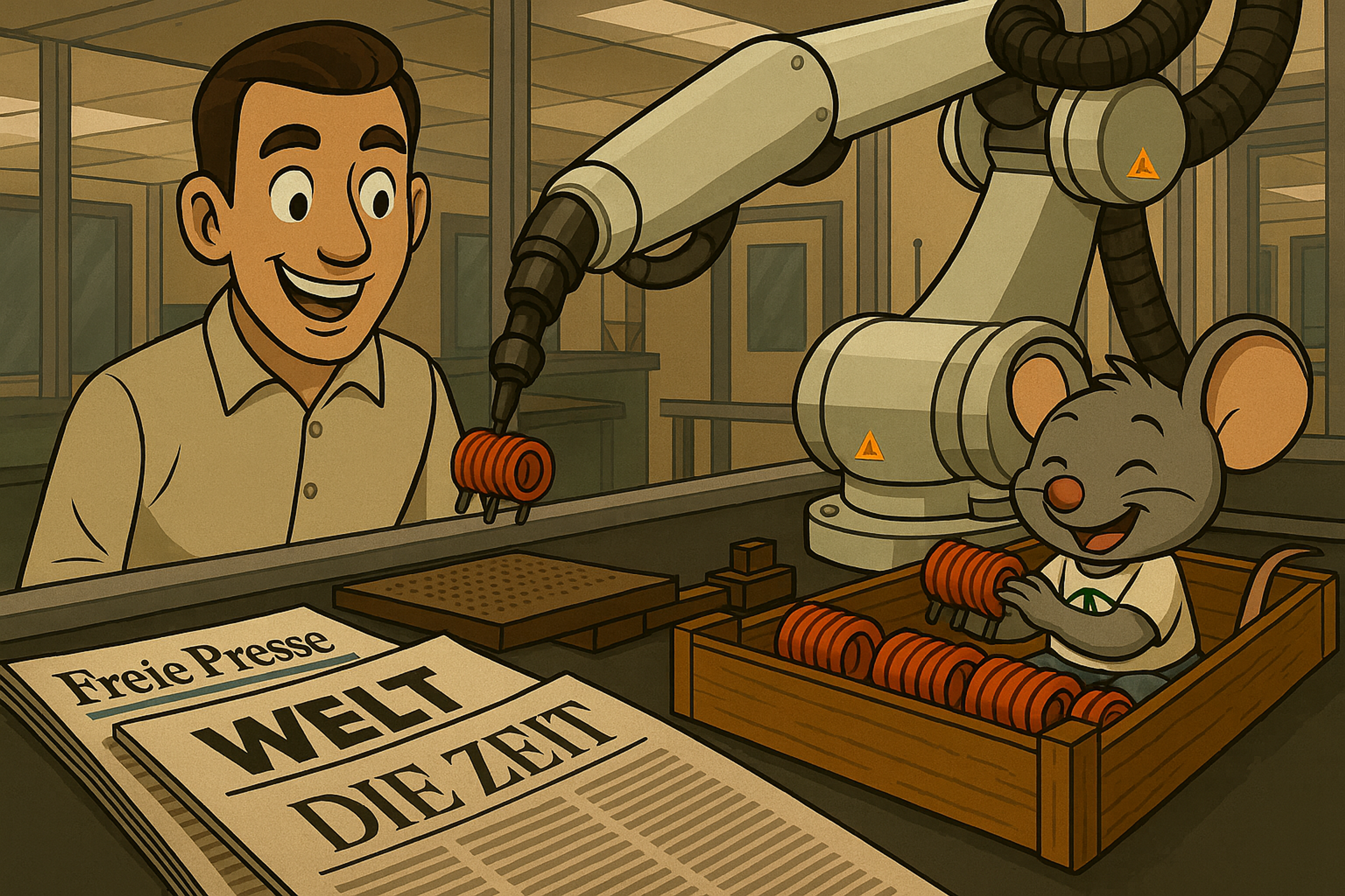 Smiling man, robot arm, and mouse assembling orange coils in a workshop with newspapers.