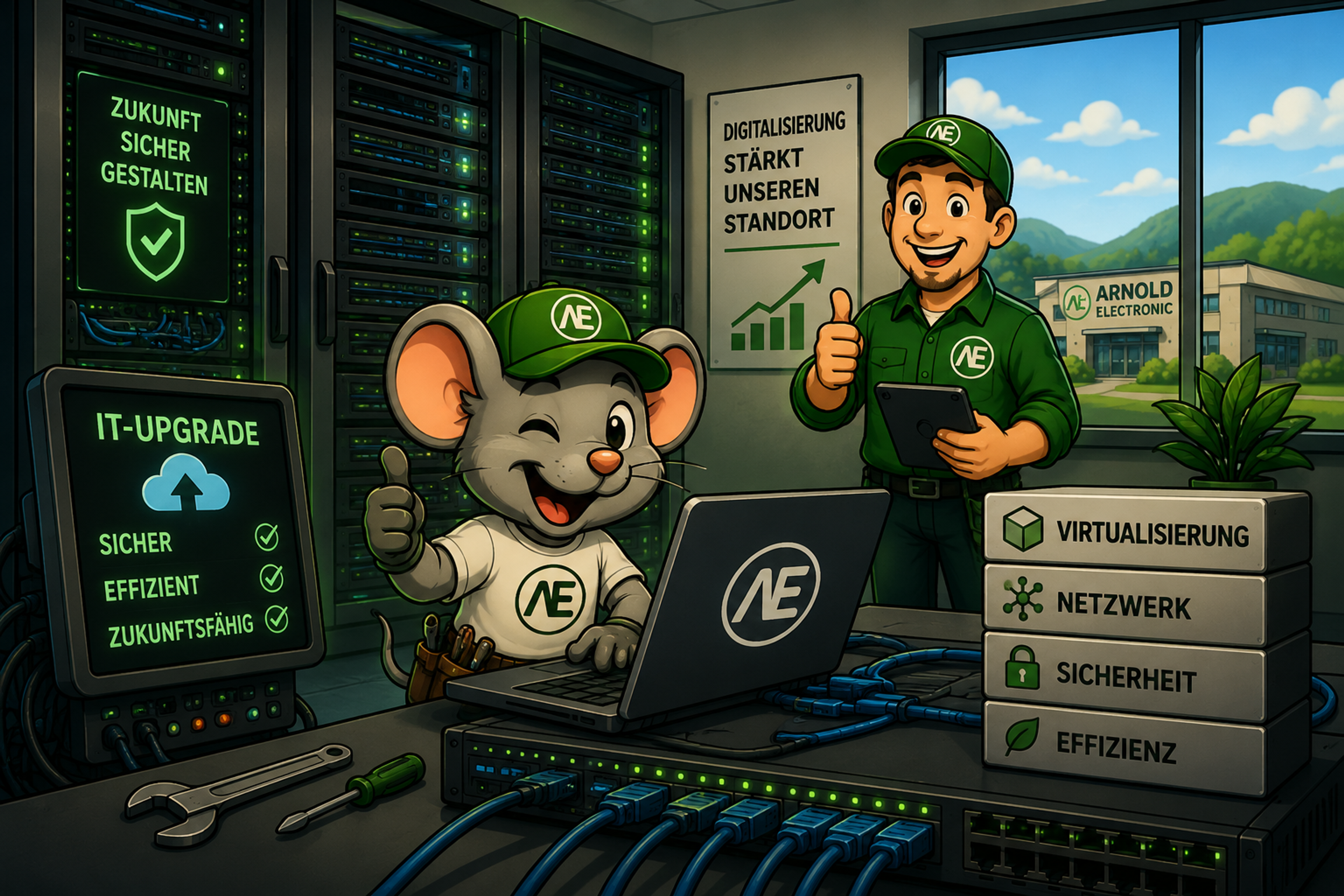 A cartoon man and a mouse mascot, both wearing AE branding, give thumbs up in an IT server room, promoting "IT-UPGRADE" and digital services for Arnold Electronic.