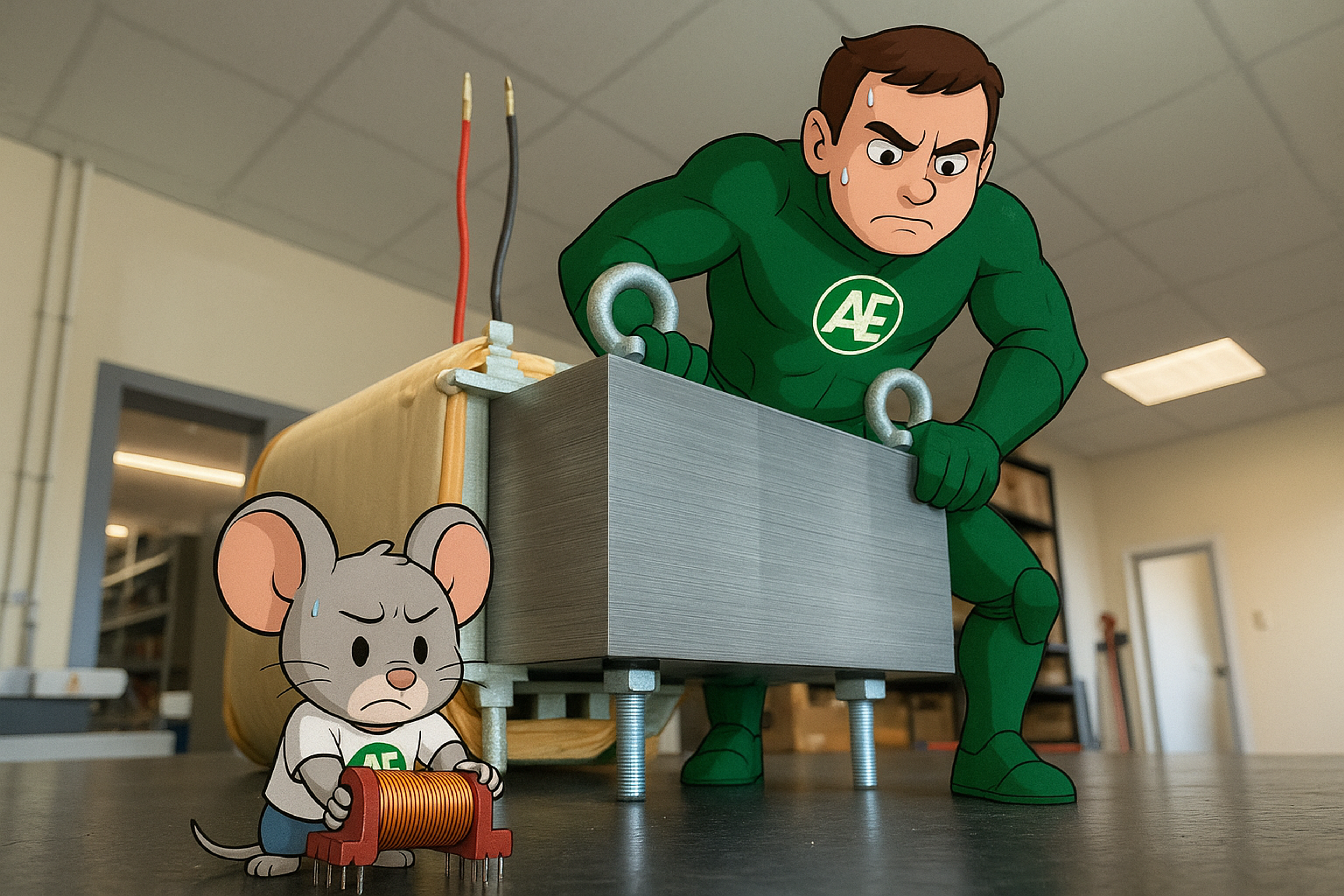 Illustration in an electronics workshop: On the left, a drawn mouse with the Arnold logo is lifting a miniature coil weighing 12 g, on the right, a muscular superhero with an 'AE' logo is lifting a heavy industrial coil weighing 120 kg. The image symbolizes the manufacturing depth and range of Arnold Electronic GmbH in customer-specific coils – from the smallest components to heavy transformers.