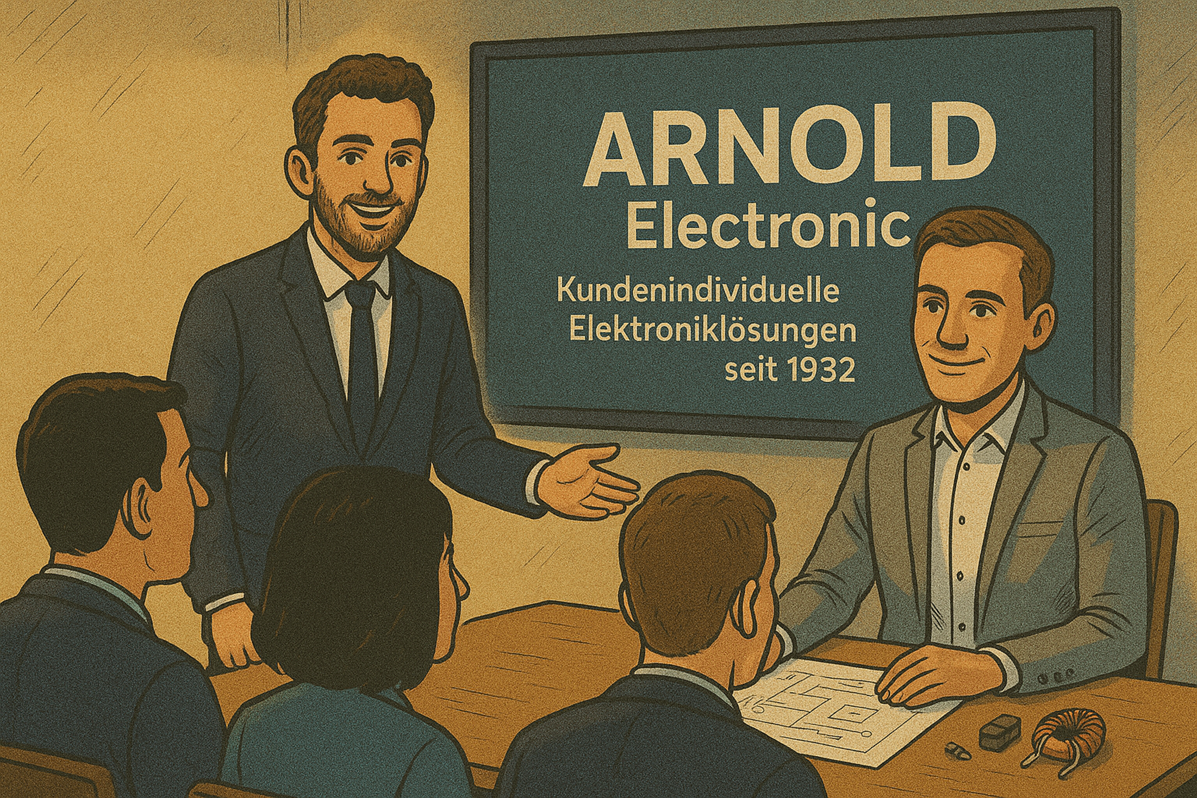 Illustration eines Geschäftstreffens bei Arnold Electronic. Zwei Vertreter präsentieren individuelle Elektroniklösungen vor drei Kunden. Im Hintergrund ist eine Präsentation mit dem Firmennamen und dem Slogan ‚Arnold Electronic – Kundenindividuelle Elektroniklösungen seit 1932‘ zu sehen.