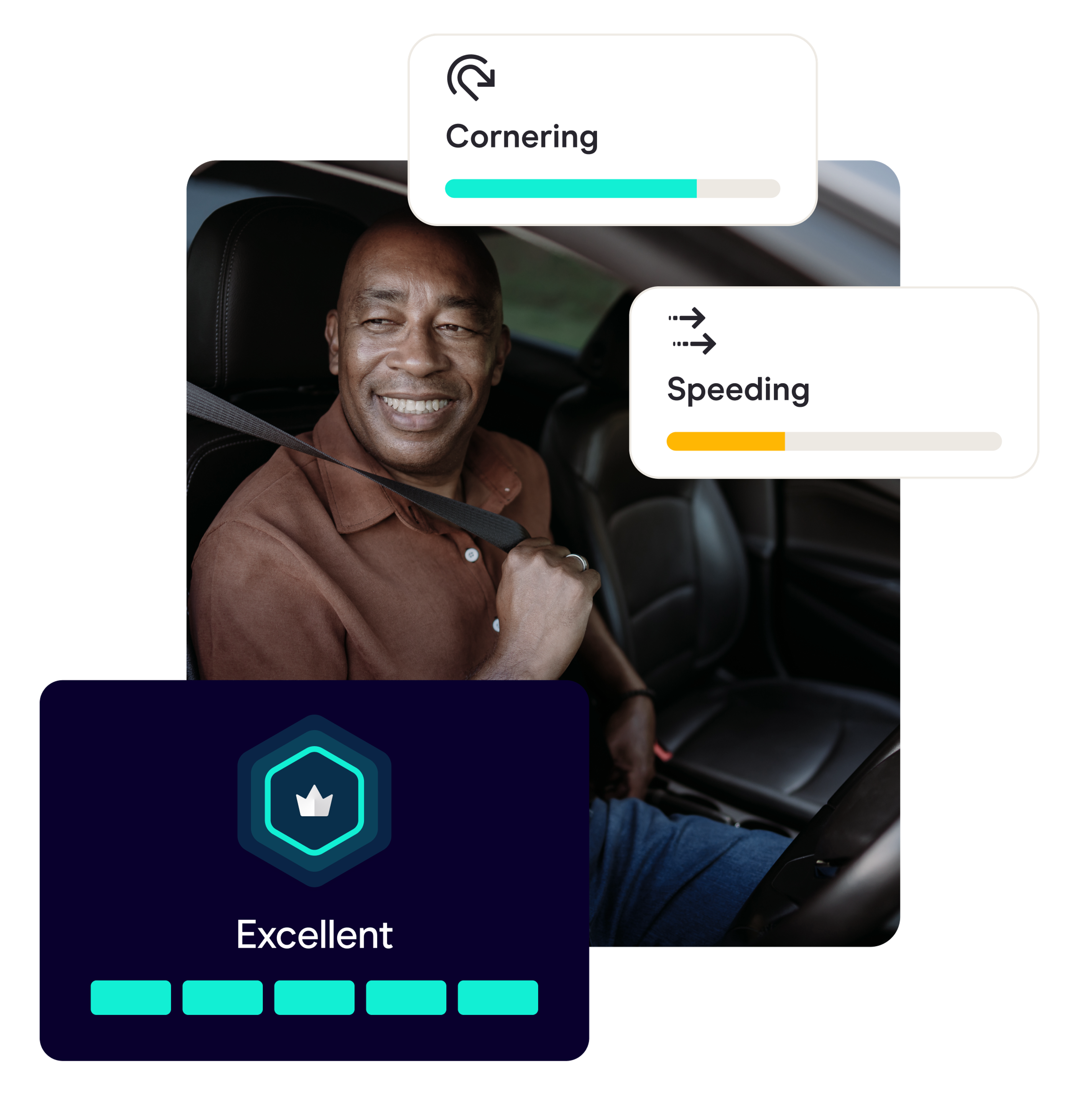 Smiling Zego taxi driver with an 'excellent' driver rating