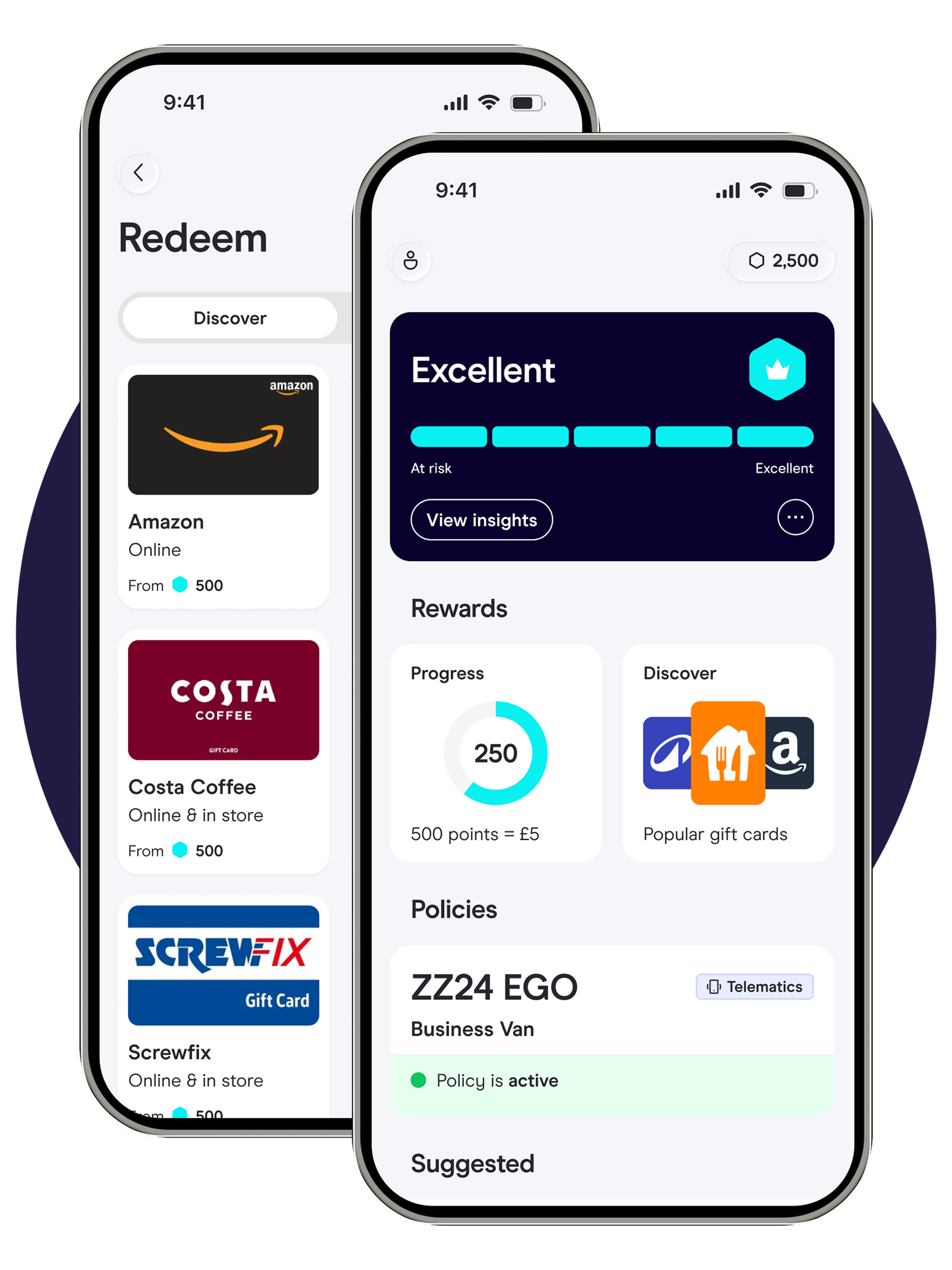 Zego Sense screens showing driver rating and insights