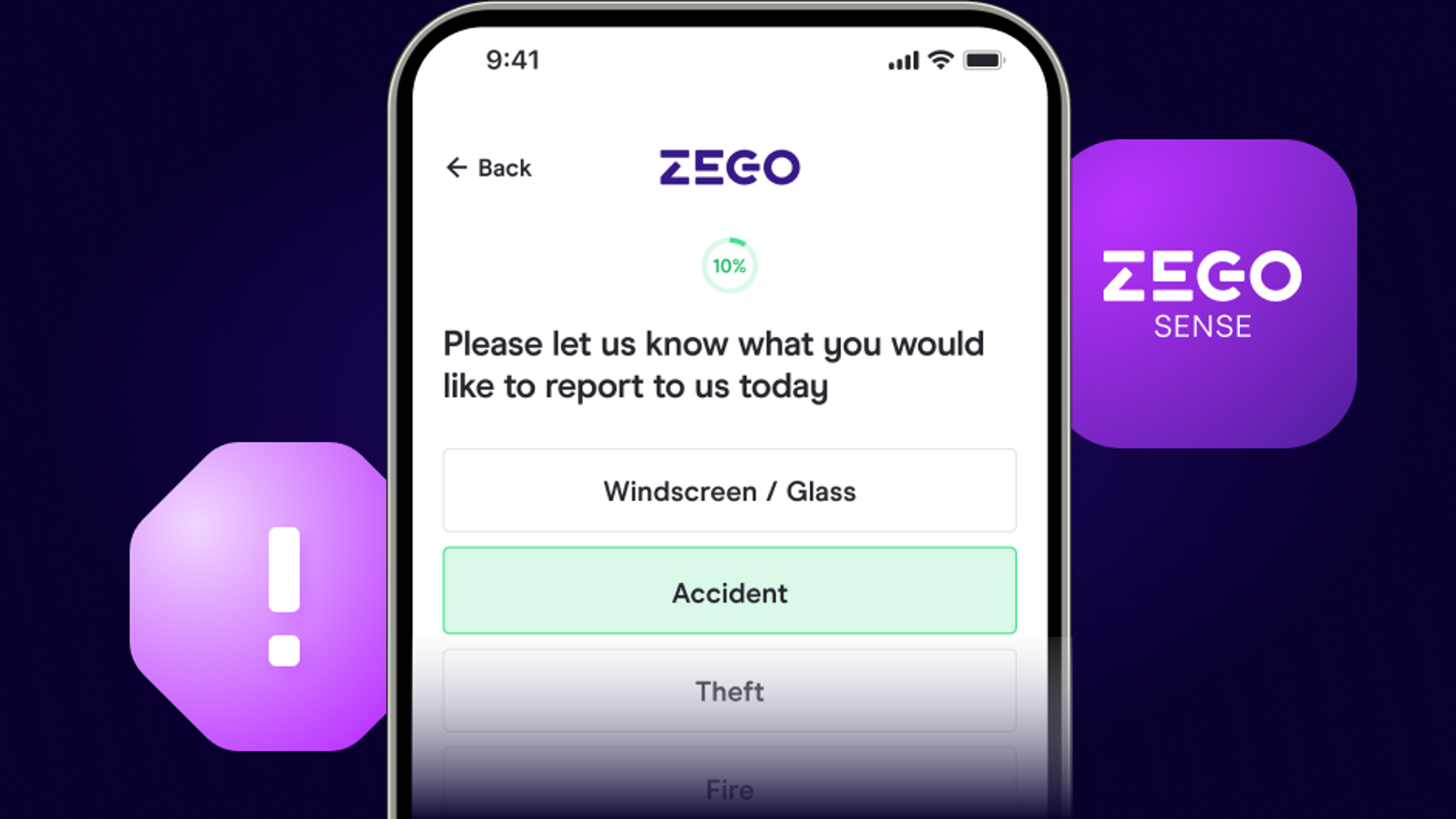 Phone screen showing Zego claims process with icons overlaid