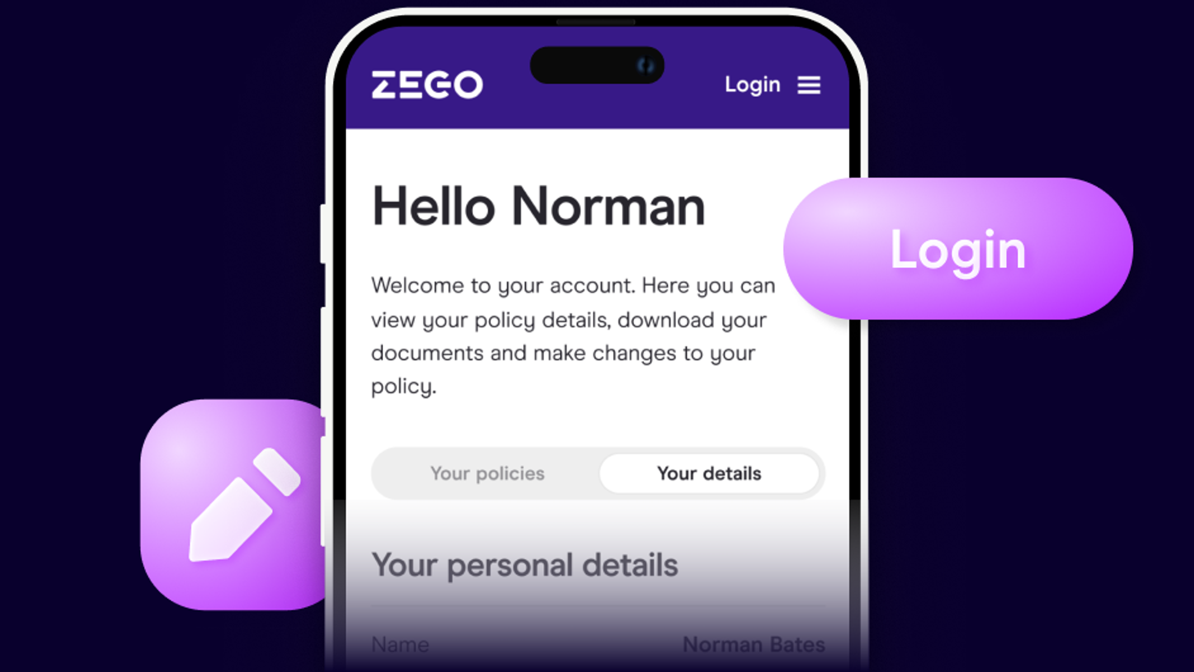 Phone screenshot showing Zego My Account personal details