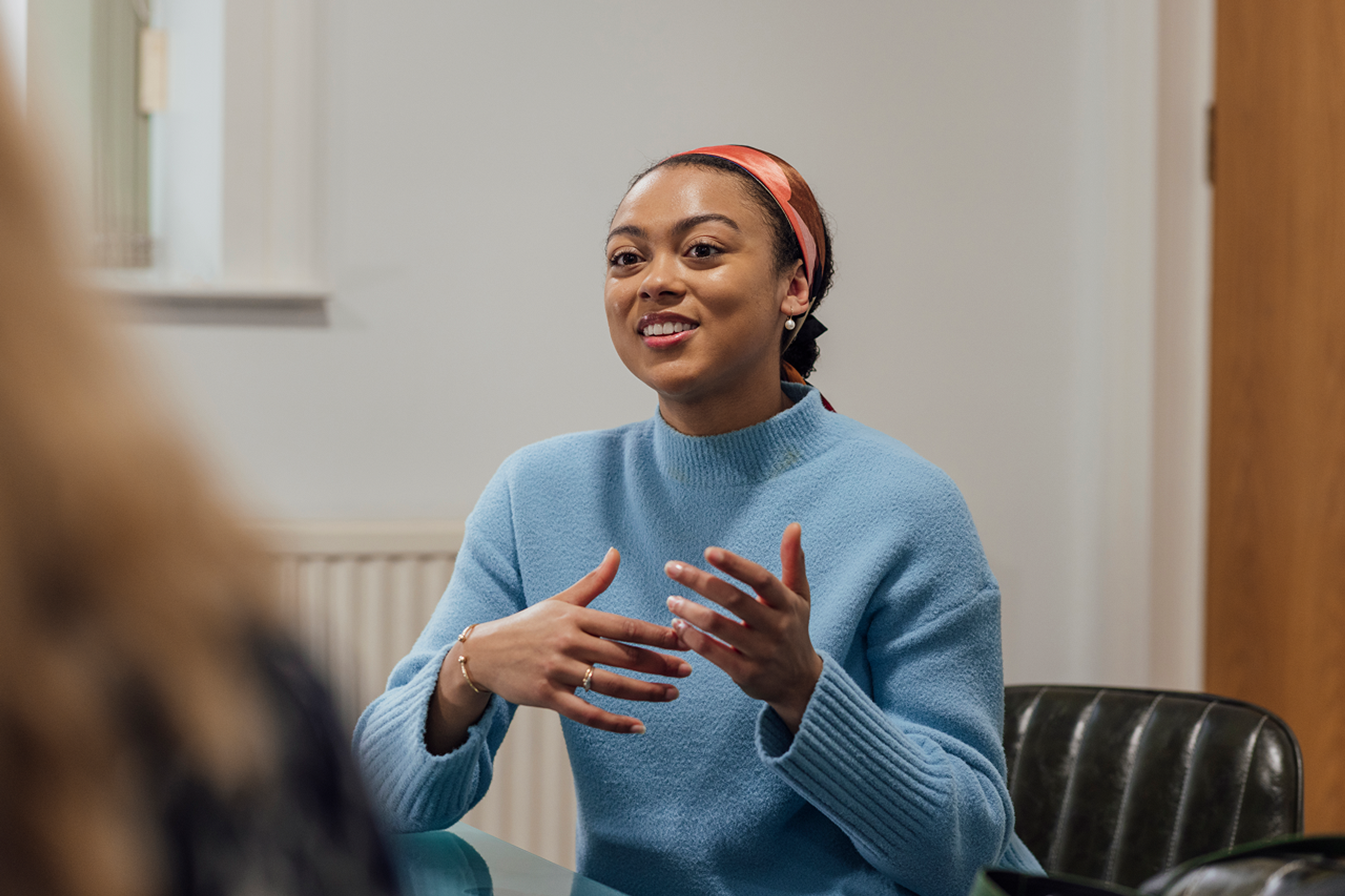 Woman being interviewed