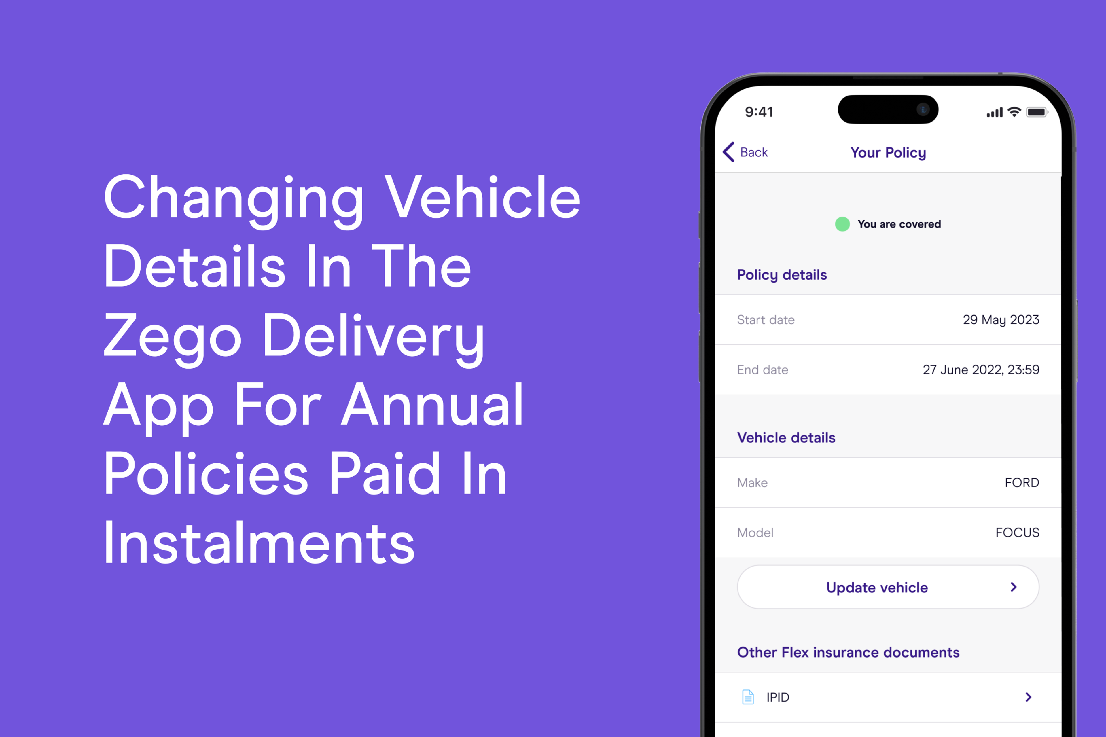 Changing vehicle details in the Zego Delivery app for annual policies paid in instalments