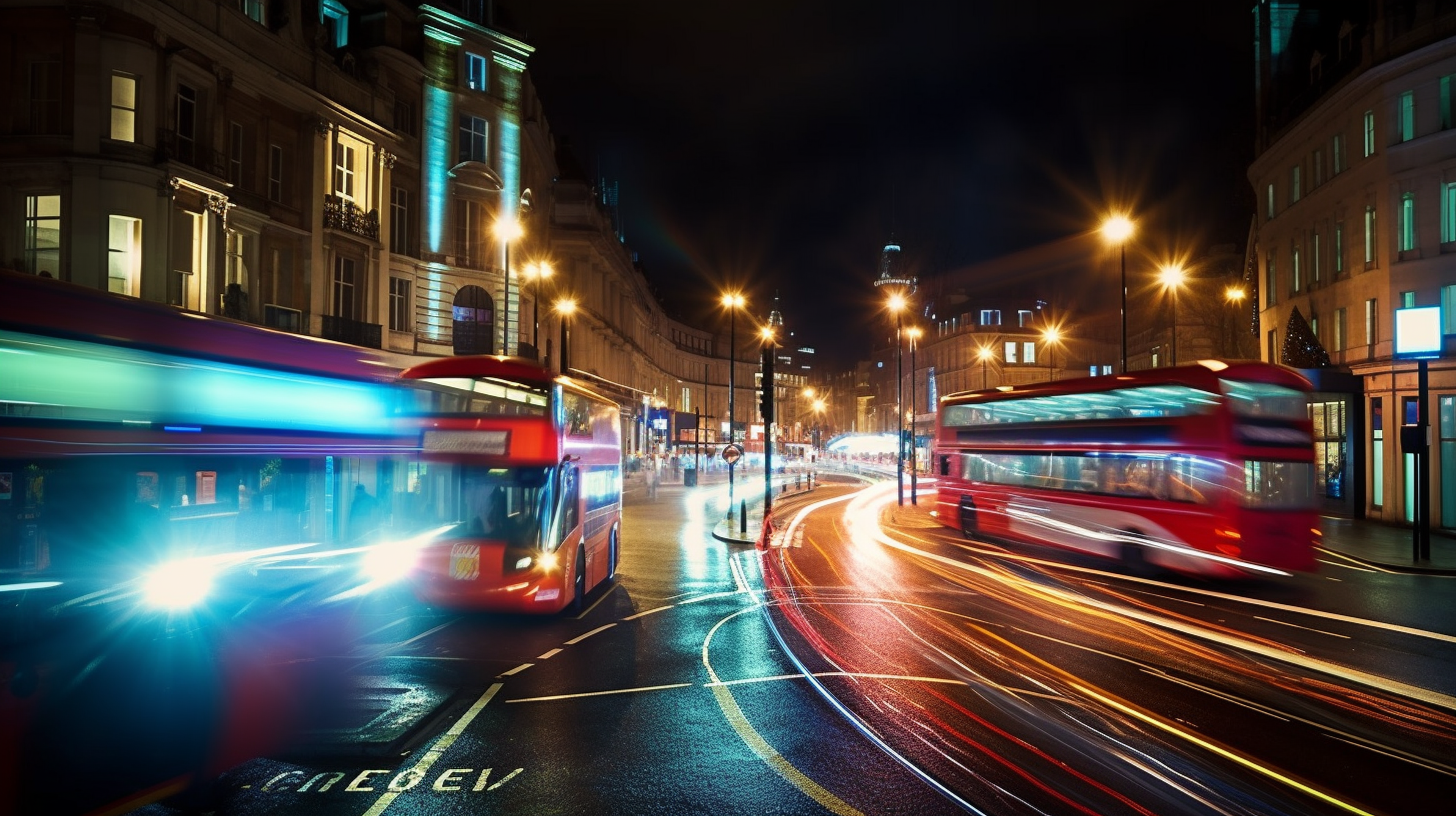 London double decker red busses at night time.