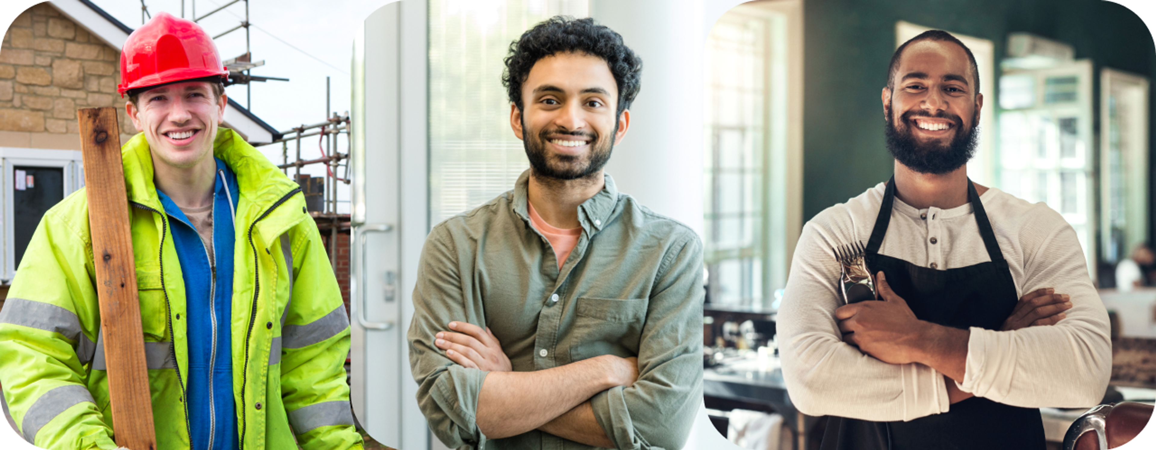 Image of a builder, young professional and barber