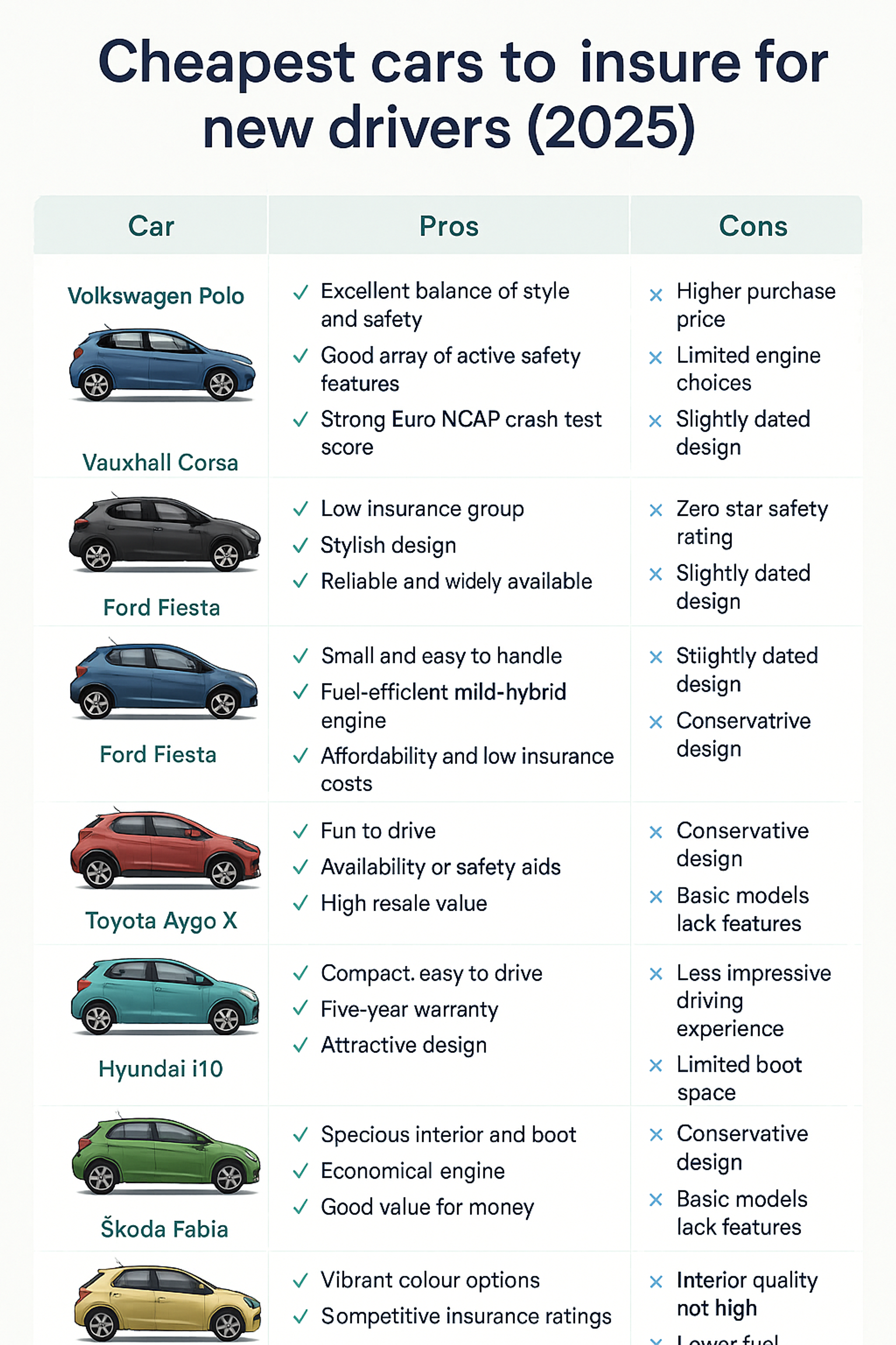 table comparing cheap cars for new drivers and their pros and cons