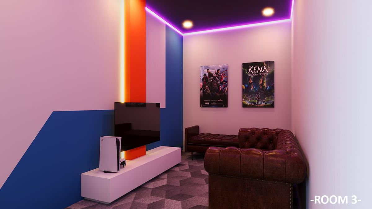 Private PS5 gaming room 3 at GameHub Bayan Lepas, Penang, with 4K TV and sofa lounge seating