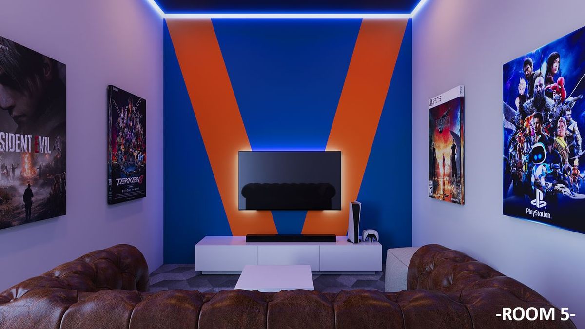 Private PS5 gaming room 5 at GameHub Bayan Lepas, Penang, with 4K TV and sofa lounge seating