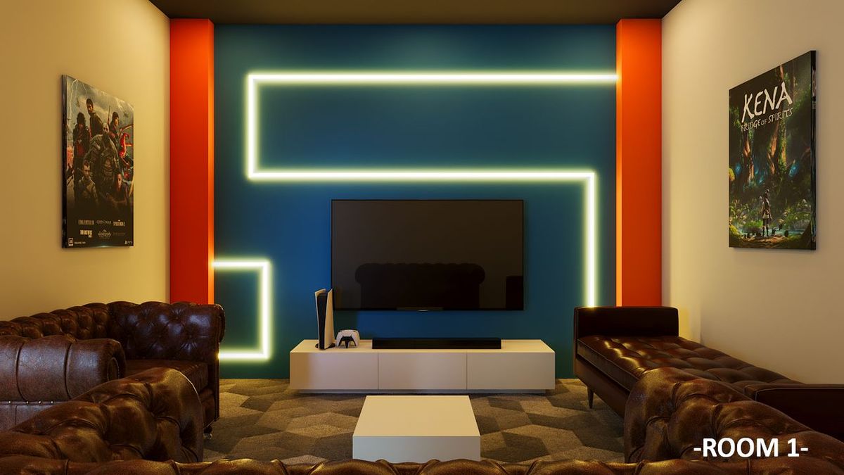 Private PS5 gaming room 1 at GameHub Bayan Lepas, Penang, with 4K TV and sofa lounge seating