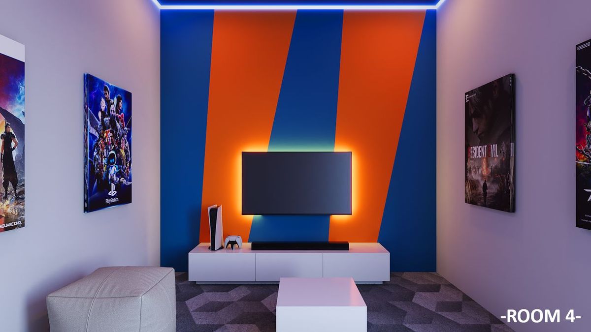 Private PS5 gaming room 4 at GameHub Bayan Lepas, Penang, with 4K TV and sofa lounge seating