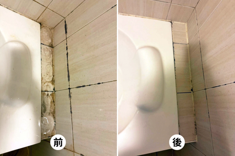 浴室的磁磚、蓮蓬頭、水龍頭、馬桶、小便斗、地排前後對比——水垢皂垢刷掉、磁磚亮回來，連角落和落水頭都清到。