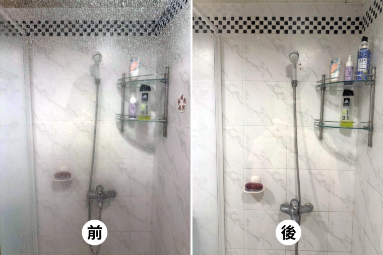 浴室的磁磚、蓮蓬頭、水龍頭、馬桶、小便斗、地排前後對比——水垢皂垢刷掉、磁磚亮回來，連角落和落水頭都清到。