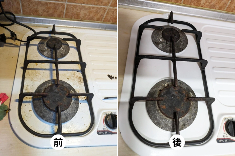 廚房的抽油煙機、水槽、油盒、瓦斯爐前後對比——卡住的陳年油污一掃而空,這些是自己怎麼刷都刷不掉的地方。
