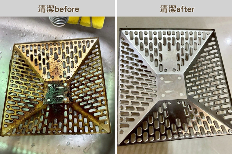 抽油煙機的渦輪與濾網拆洗前後,厚厚的油垢清掉後亮得像新的一樣。