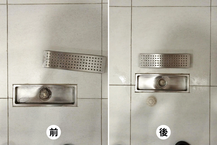 浴室的磁磚、蓮蓬頭、水龍頭、馬桶、小便斗、地排前後對比——水垢皂垢刷掉、磁磚亮回來，連角落和落水頭都清到。
