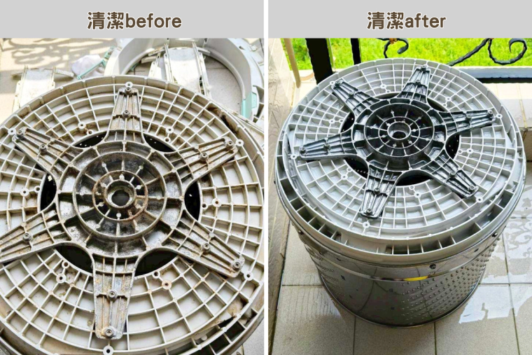 抽油煙機的渦輪與濾網拆洗前後,厚厚的油垢清掉後亮得像新的一樣。