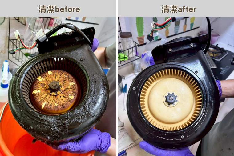 抽油煙機的渦輪與濾網拆洗前後，厚厚的油垢清掉後亮得像新的一樣。