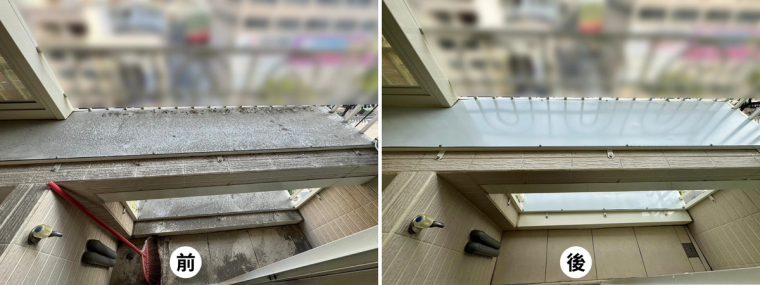 陽台、窗戶的風沙積灰前後對比——平常最懶得爬上爬下的地方，一次清得乾乾淨淨。