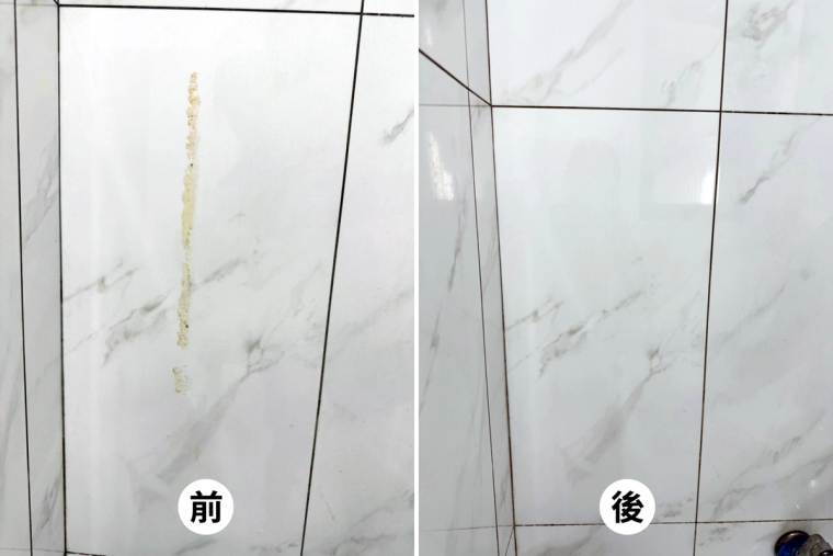 浴室的磁磚、蓮蓬頭、水龍頭、馬桶、小便斗、地排前後對比——水垢皂垢刷掉、磁磚亮回來，連角落和落水頭都清到。
